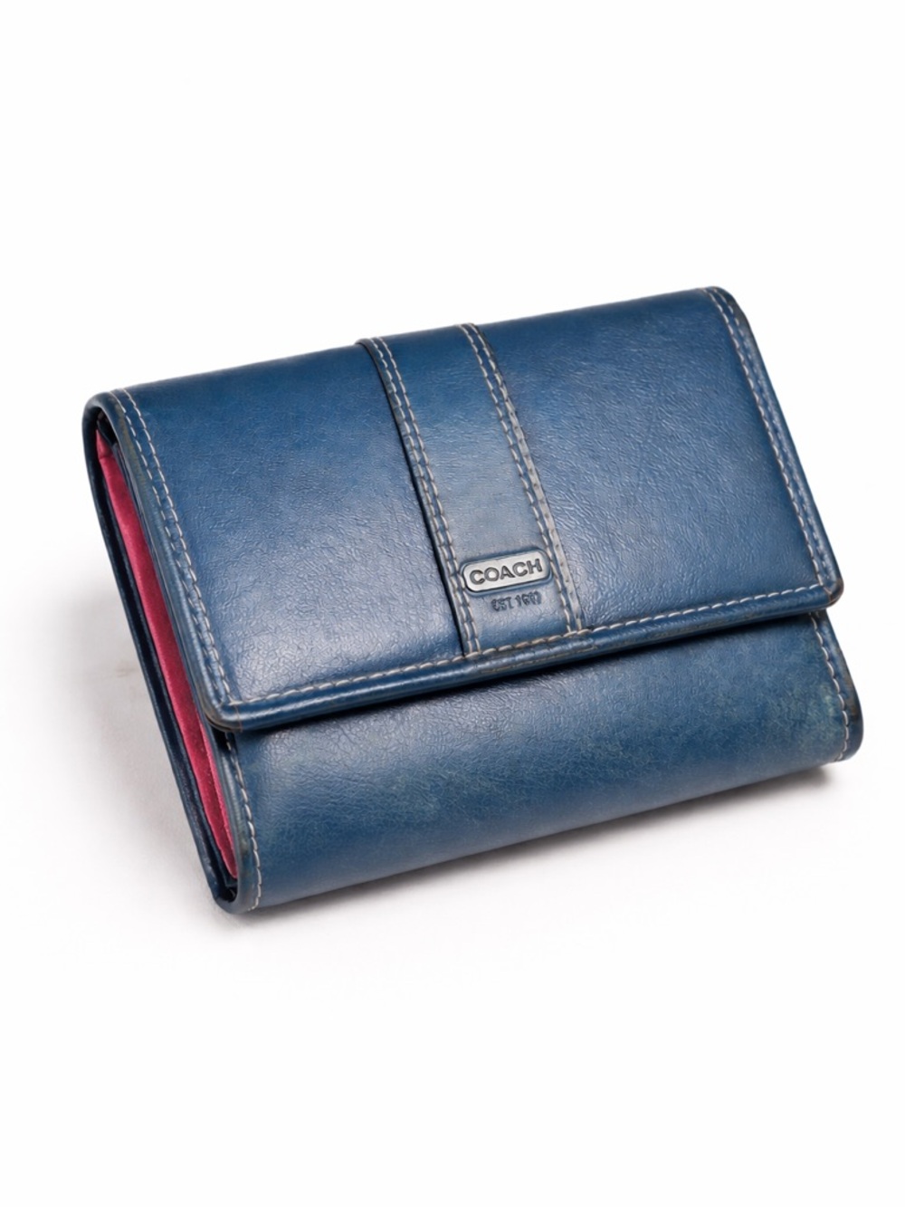 Coach Blue Leather Wallet Pink Interior Snap Flap Bifold Preowned